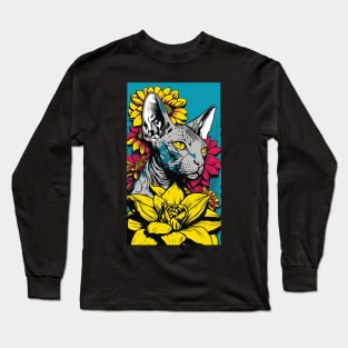 Sphynx Cat Vibrant Tropical Flower Tall Retro Vintage Digital Pop Art Portrait 3 Long Sleeve T-Shirt